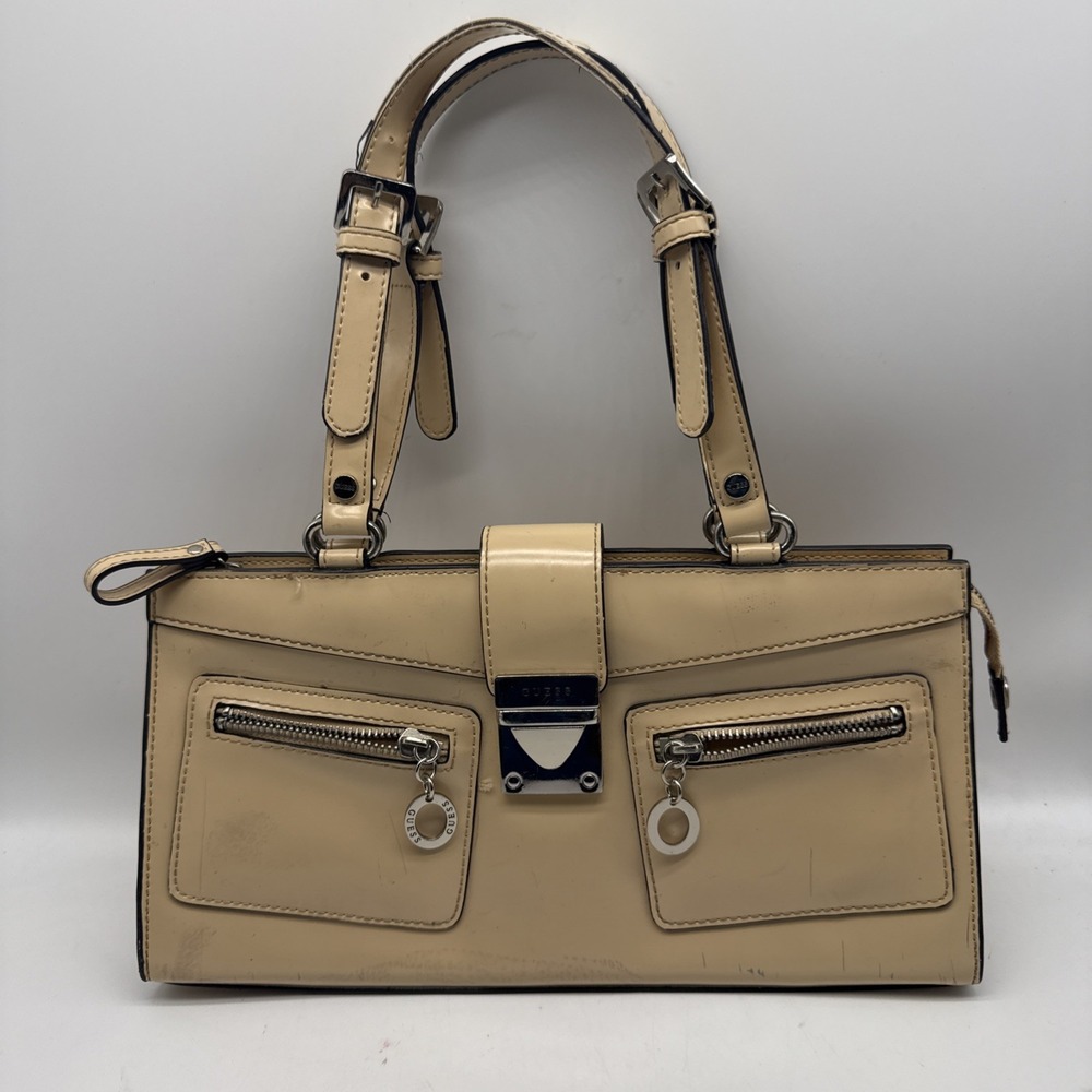 Vtg‎ Guess Purse Womens Handbag Tan Patent Leather Top Handle Buckle Y2K